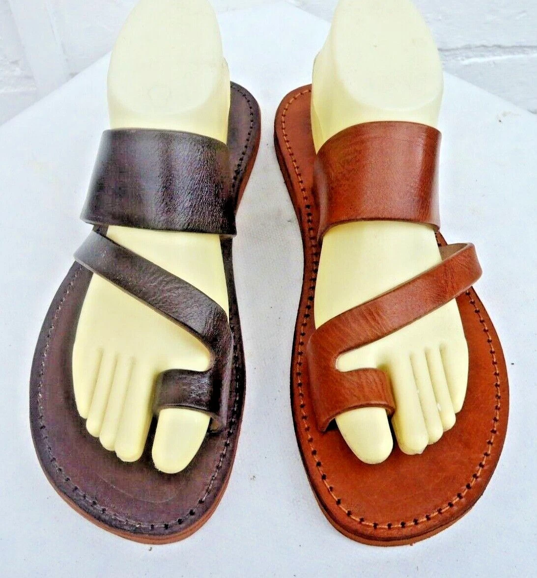 MENS 100% MOROCCAN LEATHER TOE LOOP SANDALS * BROWN & VINTAGE TAN *