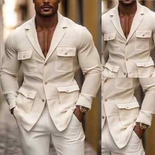 Vintage Beige Men's Safari Jacket Multi Pocket Outdoor Casual Hunting Coat Pant