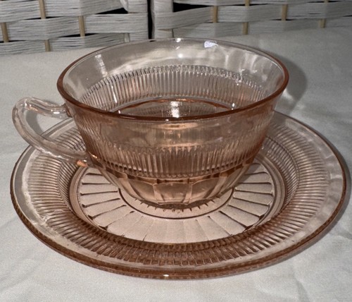 Vintage Anchor Hocking Coronation Pink depression glass teacup and saucer Set