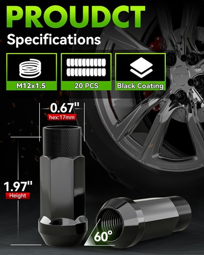 20PCS M12x1.5 Open End Bulge Acorn Black Lug Nuts - 60 Conical Seat - 50mm Heigh - Picture 6 of 7