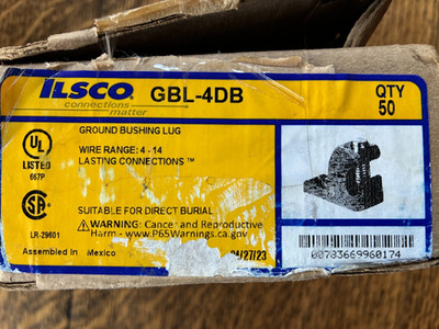 ILSCO GBL-4DB, 4-14 AWG, Copper Ground Bushing Lug, Box Of 35