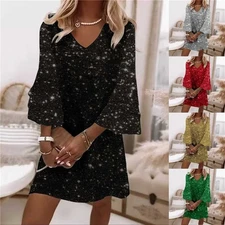 Women's Solid Color V-Neck Bell Sleeve Midi Dress With Sequin Detail, Casual Par