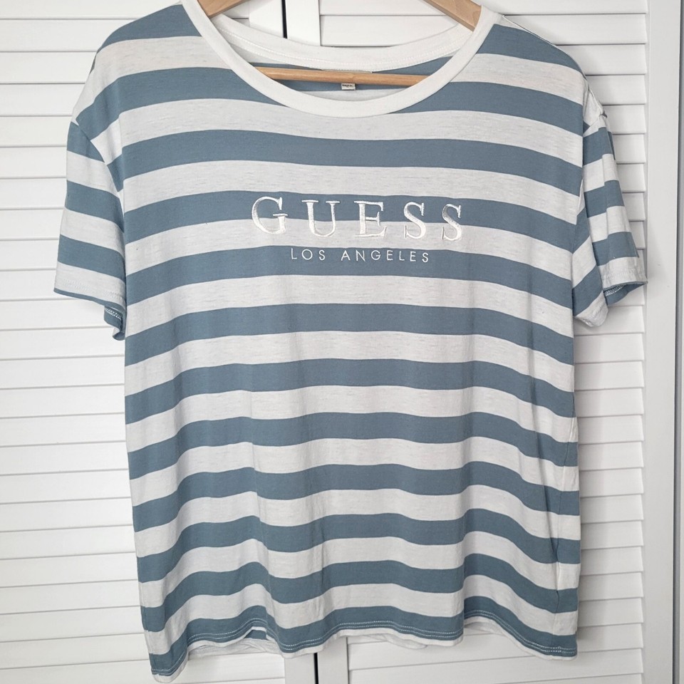 GUESS Los Angeles Blue/White Striped Short Sleeve Shirt Womens medium