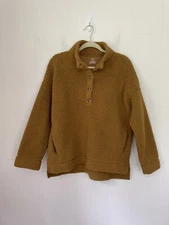Aerie Sherpa Quarter Button Up Pullover Top Fuzzy Warm Burnt Yellow ~ Size S