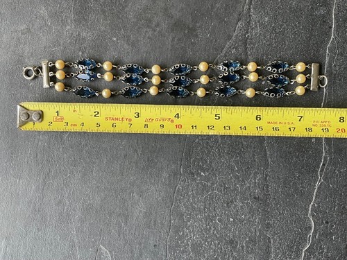 Vintage Czech Era Cobalt Blue Glass Bead Flapper Bracelet 3 Strand Quality 7" - Picture 6 of 14