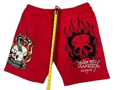 Ed Hardy Mens Size XL Graphic Skull Dragon Tattoo Fleece Red Sweat