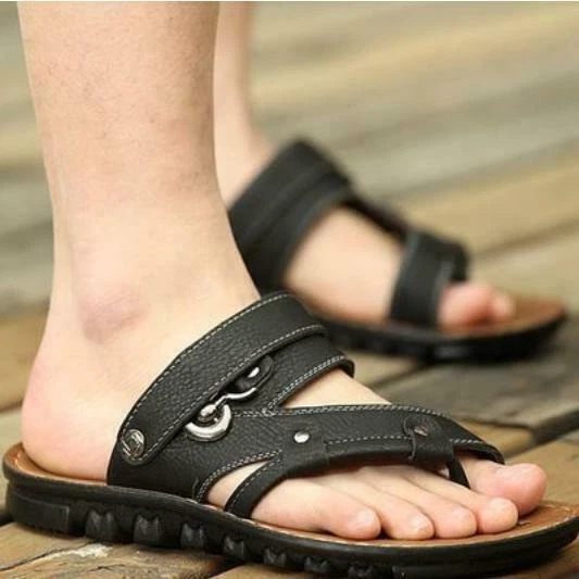 Men Real Leather Sandals Shoes Toe Ring Buckle Summer Beach Flat Slipper  Comfort | eBay