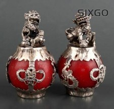 Un par de estatua china antigua Tíbet plata tallada a mano armadura jade dragón león