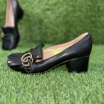 Auth GUCCI - 408208 Black Leather Women's Maramot Mid Heel Pump