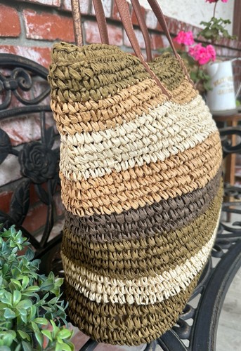 Vintage Old Navy Raffia Straw Paper Tote; Multi Color W/Dbl Hndls & Snap Closure - Picture 7 of 17