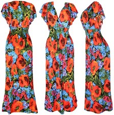 Women's Butterfly Sleeve Poppy Flower Smocked Summer Sundress Long Dress