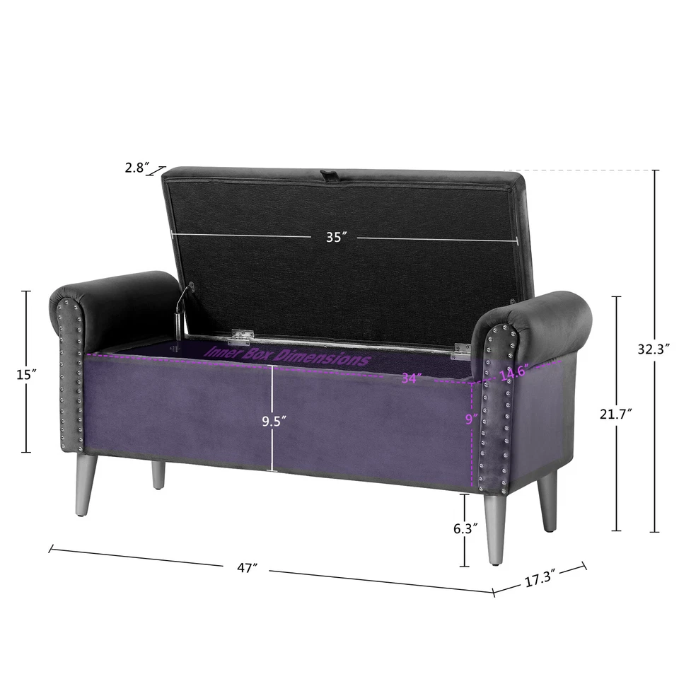 47-дюймовая современная оттоманская заклепочная скамейка для ног бархатная скамейка для дома - Изображение 3 из 4