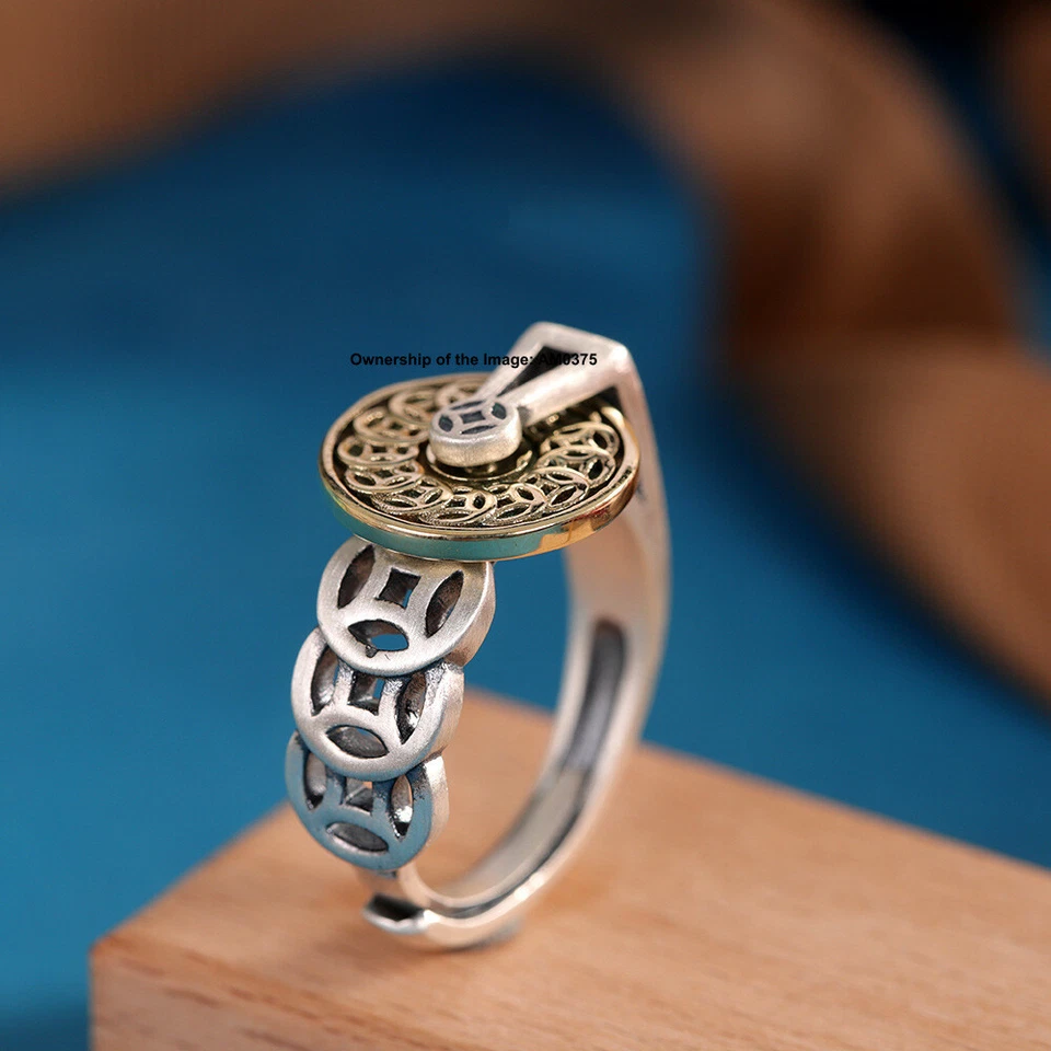 Real 990 Pure Silver Coin-Shaped Solid Women's Lucky Band Ring Size 6-8 - Image 2 of 4