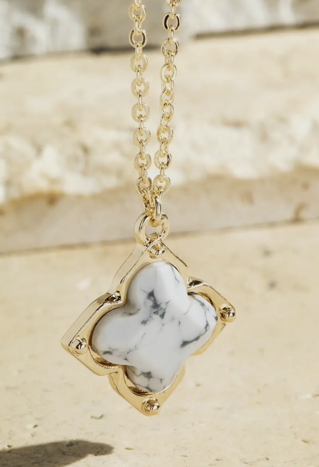 White Howlite Four-Leaf Clover Necklace for Luck & Protection