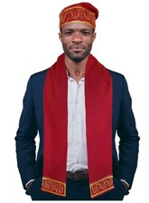 Red and Gold Embroidered African Hat and Sash/Scarf