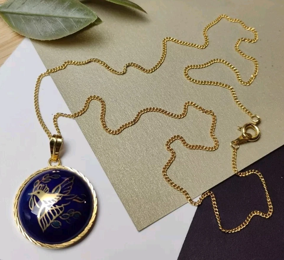 Colgante de porcelana azul cobalto profundo (¿Alemania?) ¡Collar con motivo de pájaro dorado de 18"! Foto 2 de 4