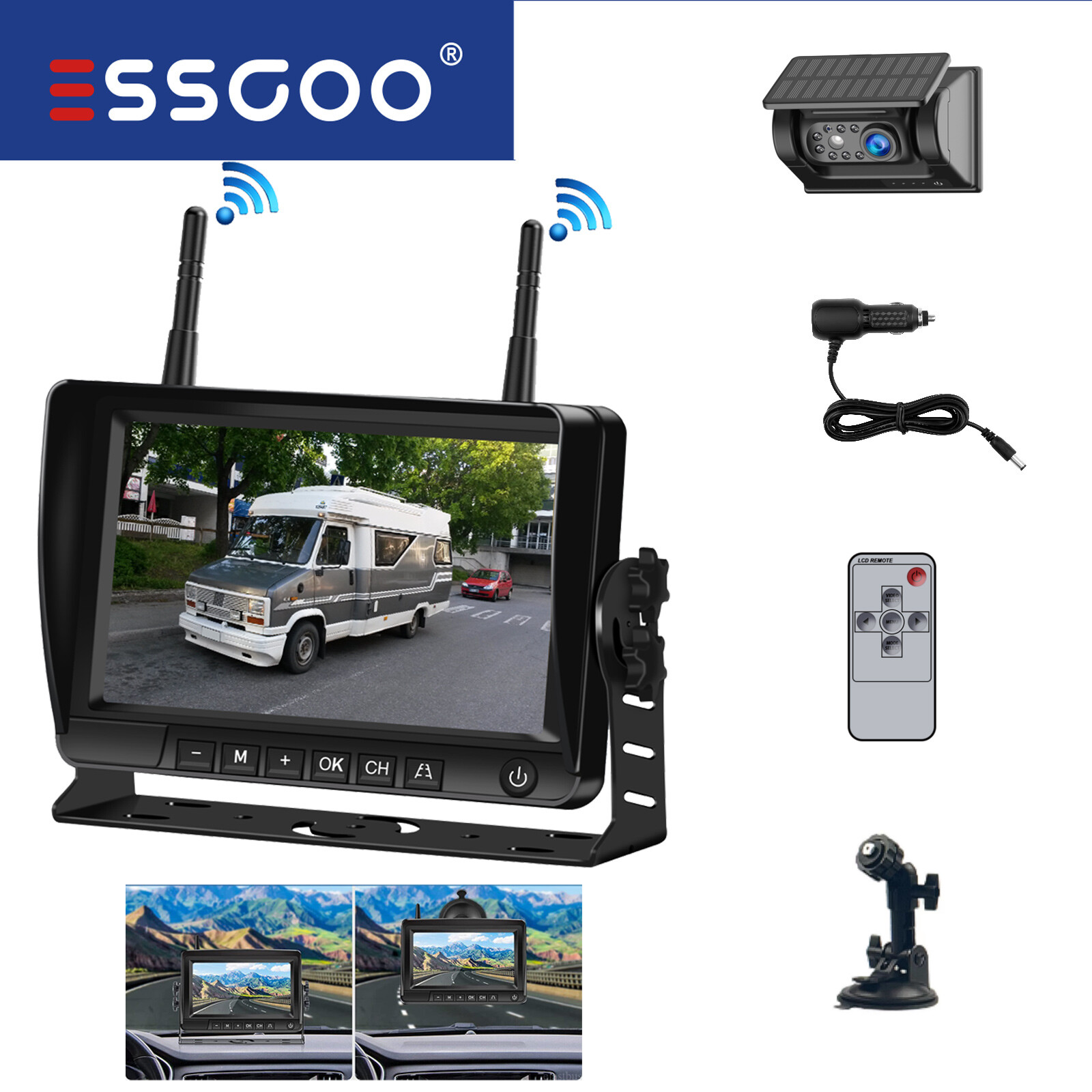 Telecamera posteriore solare ESSGOO con monitor 7"