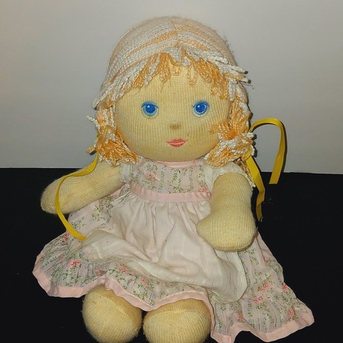 Vintage Plush Soft girl Doll with-Embroidered Eyes, Yarn Hair- 1980's Style baby