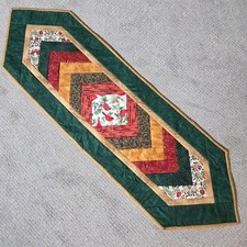 Handmade Quilted Christmas Table Runner Green Red Gold Cardinal Holly 52"X16"