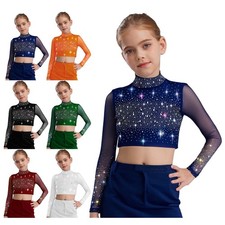 Girls Costume Sheer Mesh Lyrical Dance Sparkling Crop Top Jazz Dance T-shirt