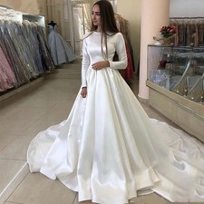 2026 Satin Wedding Dress Muslim Long Sleeve A-line Bride Gown Customize