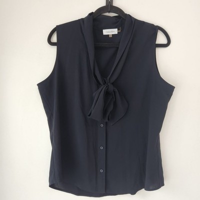 Calvin Klein Black Sleeveless Blouse Tank Top Shirt Semi-Sheer Career Size L
