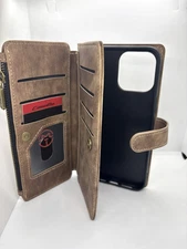 caseme wallet case compatible with iphone 14pro max brown  shockproof