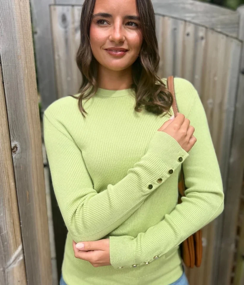 Ex M*S Jumper Womens Knit Ribbed Gold Button Cuff Crew Neck Long Sleeve Pullover - Image 2 of 4