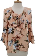 Peach Floral Ruffle Bell Sleeve Sheer Chiffon Blouse  S Romantic Boho Spring Top