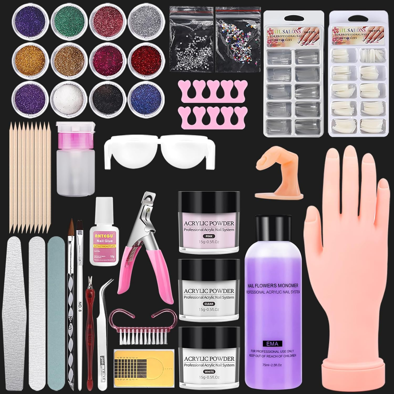 Practice Hand for Acrylic Nails: Silicone Nail Practice Hand - 200 Pcs Nail Tips