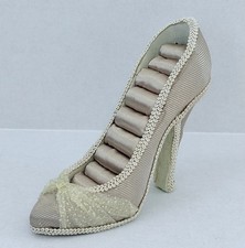 High Heel Shoe Ring Holder Beige Champagne With Lace Embellishments