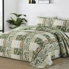 Quilt Set Queen Size Green, 3 Pieces Patchwork Plaid Bedspread Coverlet Set, ...