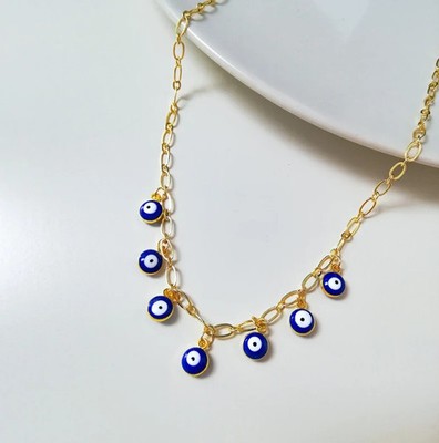 Symbol Protection Greek Turkish Evil Eye Pendant Necklace 18K Yellow Gold Over