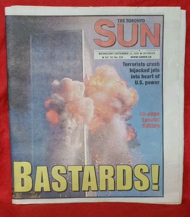 Top Toronto News: Breaking Headlines &Amp; Updates 13 The Toronto Sun September 12 2001 B**Tards! Cover 9/11 Excellent Condition