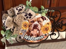 Handcrafted Pit Bull Terrier Welcome Sign, 9x16  x Wood, Tin, Burlap Dog Lovers