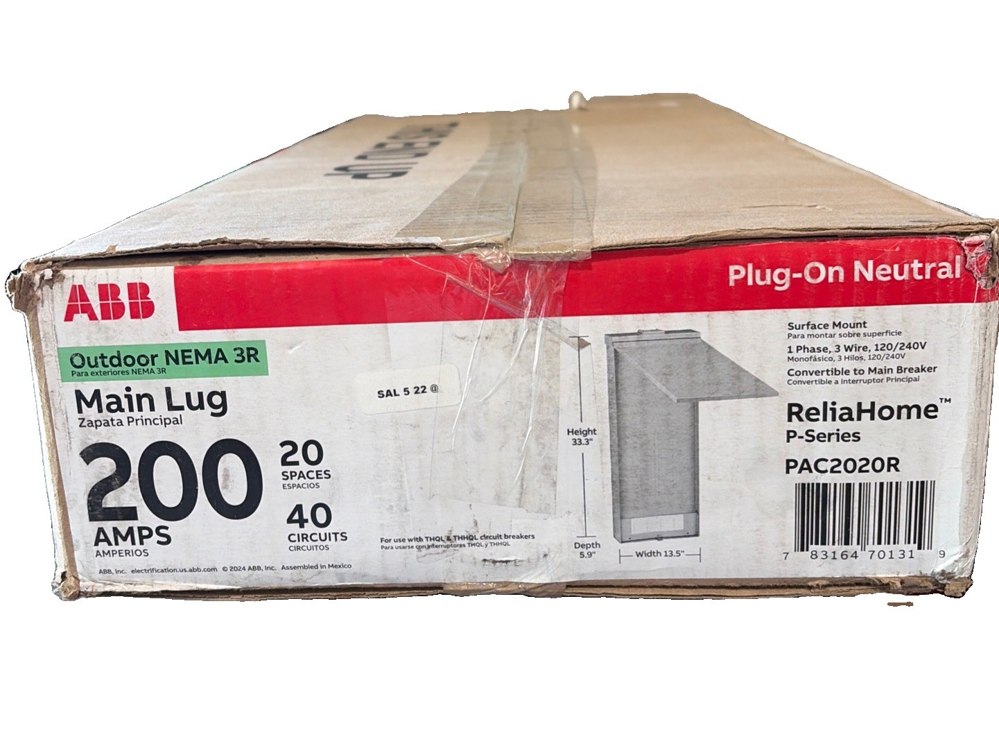 ABB 200A Main Lug 20 / 40 Outdoor Plug On Neutral Load Center PAC2020R