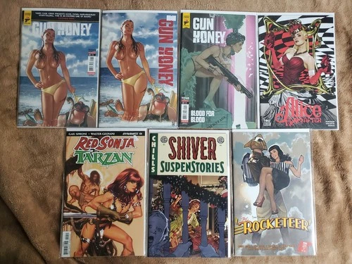Lot Of 7 Adam Hughes Covers Gun Honey, Shiver Suspense, Rocketeer, Alice