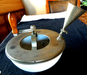 English mayonnaise maker egg beater on China bowl w/mayo funnel -early 1900's
