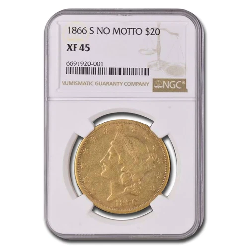 1866-S $20 Liberty Gold Double Eagle XF-45 NGC (No Motto)