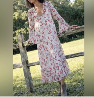 #ad Natural Life Dance W Me Floral Tiered Bell Sleeve Maxi Dress L Cottage Core $33.88