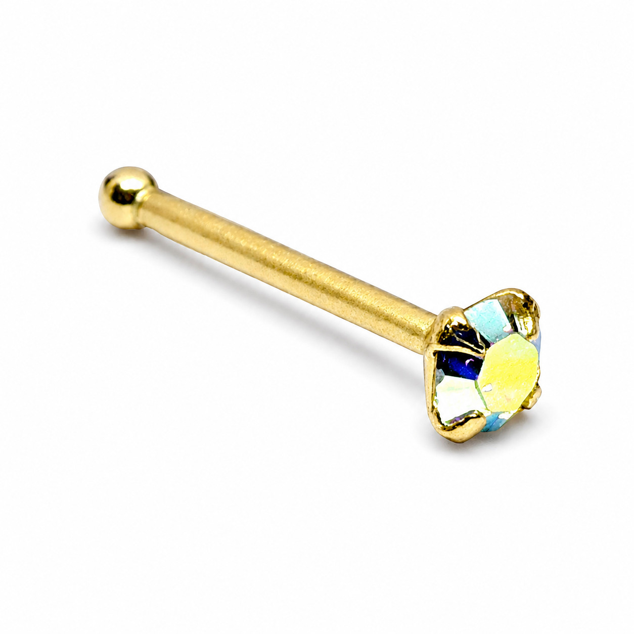 14K Gold Nose Stud AB Crystal 2mm 22G Solid Gold Nose Piercing Jewellery
