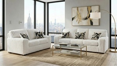 NEW 2PC Modern Sofa Loveseat Plush Corduroy Fabric Living Room Set Ivory White