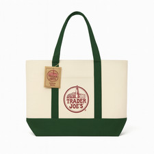 TRADER JOE'S LARGE CANVAS BAG HEAVY COTTON REUSABLE SHOPPING BAG WHITE GREEN