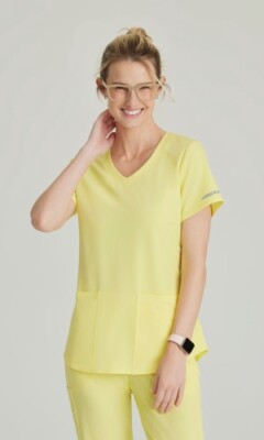 SKECHERS STRETCH WOMEN SCRUB TOP IN LEMON GLOW YELLOW, IN ALL SIZES #SK101, NWT