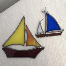Vtg Sailboat Suncatchers Stained Glass Window Handmade Nautical Sailing Beach