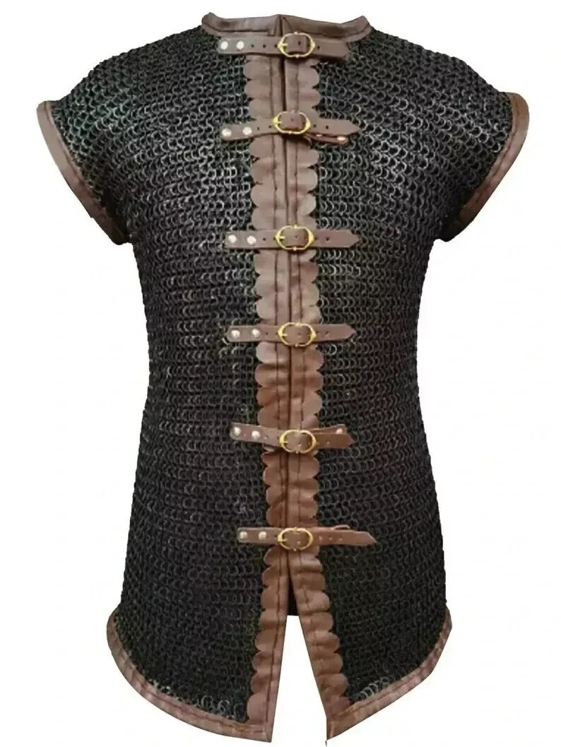 Medieval Chainmail shirt Sleeveless Mild Steel Armor Leather Trim 09mm Flat Ring