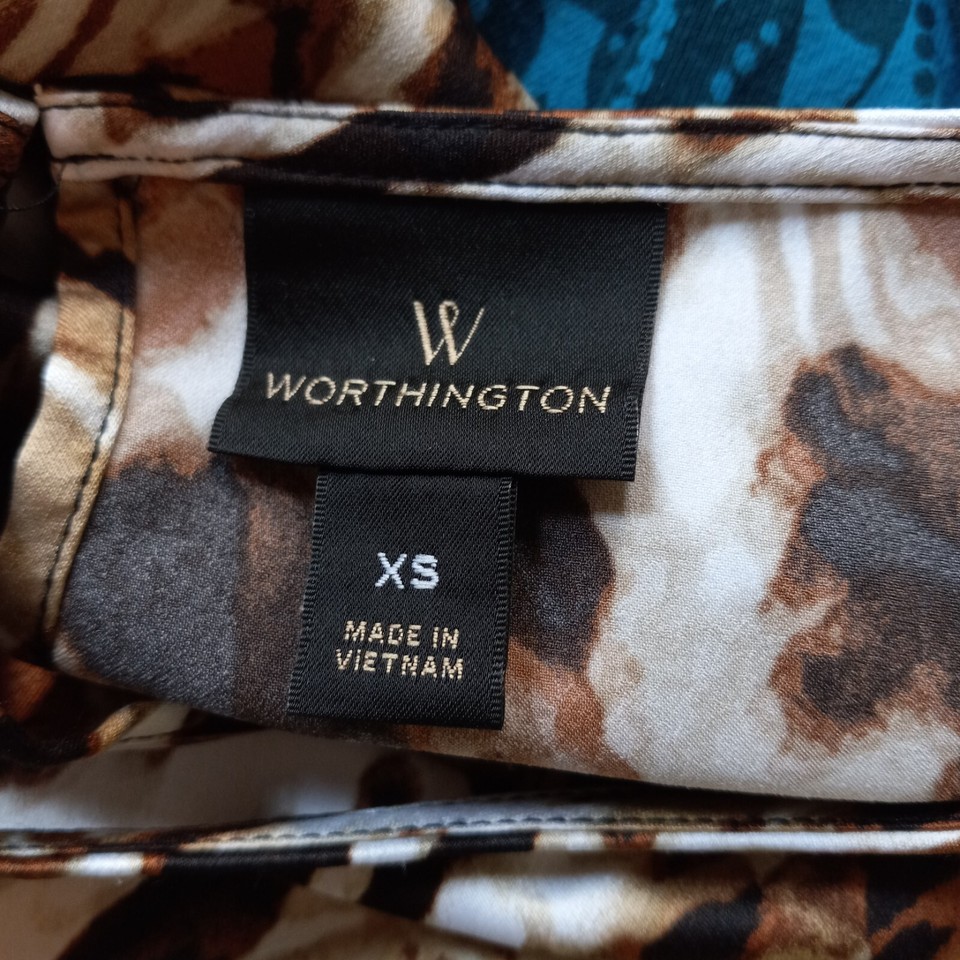 Worthington Blouse Top Shirt Women's Size XS Brown Black White Animal