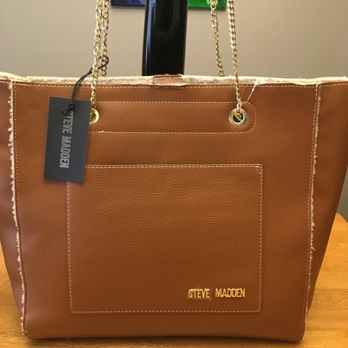 Neu mit Etikett Steve Madden große Beuteltasche cognacfarben BTINAA Serie mit goldenen Kettenriemen 108 $ - Bild 3 von 12