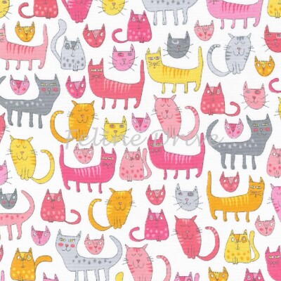 Feline Drive Fabric DOODLE POP Cats Pink Kaufman - Fat Quarter (18''x 22'') FQ