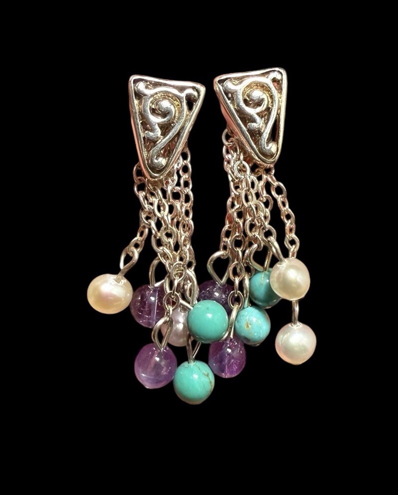 925 Silver Scrollwork Multi Gemstone Dangle Earri… - image 3